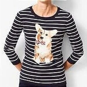 Talbots Petites Women's Striped Corgi Dog Graphic Crew Neck Long Sleeve Knit Top